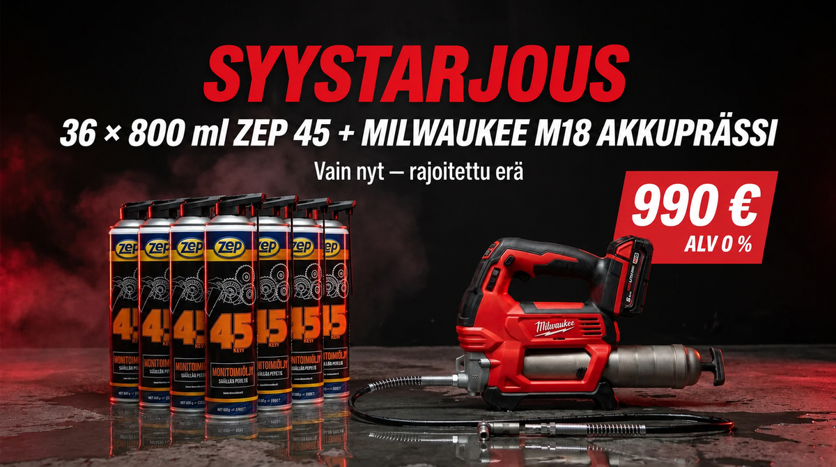 SYYSTARJOUS: Milwaukee M18 akkurasvapuristin + 36 × Zep 45 (800 ml)